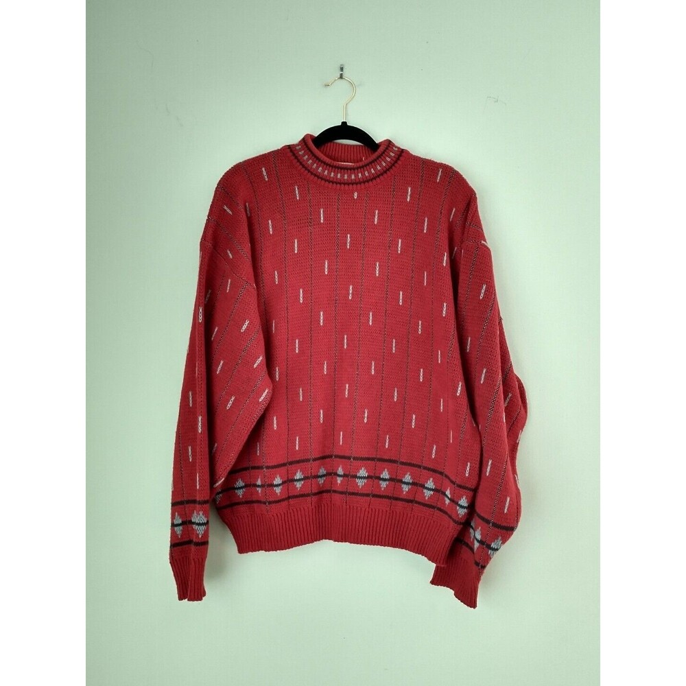 VTG Mens Grandpa Sweater L Red Cosby Geometric Print 80s 90s Retro Dad Diamond